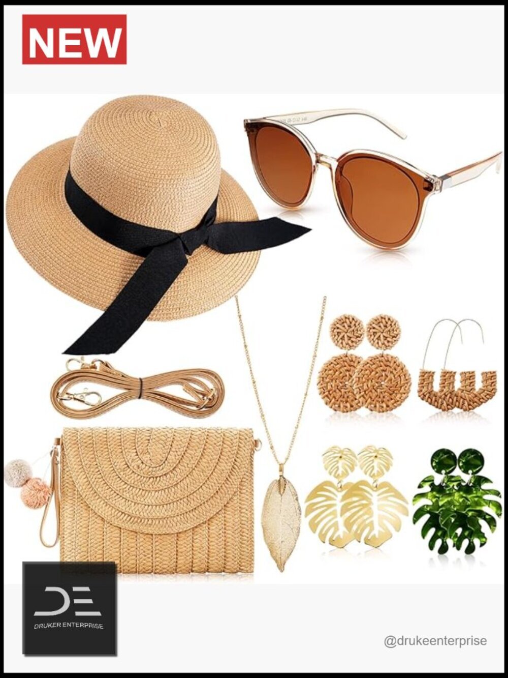 Straw Floppy Hat, Round Sunglasses, Acrylic Metal Earrings & Necklace Set 7 Pc